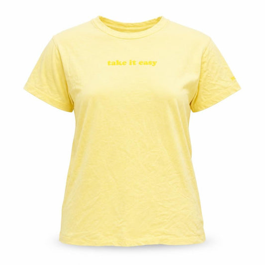 Front view of PINK women’s yellow cotton basic t-shirt, size XS, crew neck - take it easy