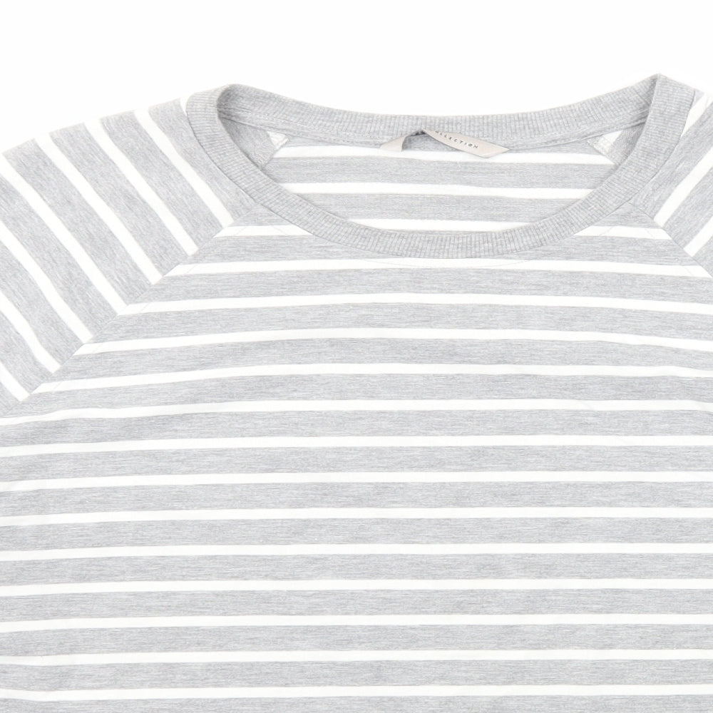 Marks and Spencer Womens Grey Striped Polyester Basic T-Shirt Size 16 Round Neck