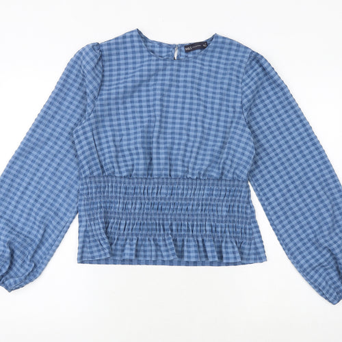 Marks and Spencer Womens Blue Check Polyester Basic Blouse Size 10 Boat Neck - Shirred Waist