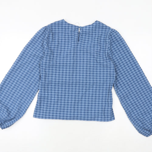 Marks and Spencer Womens Blue Check Polyester Basic Blouse Size 10 Boat Neck - Shirred Waist