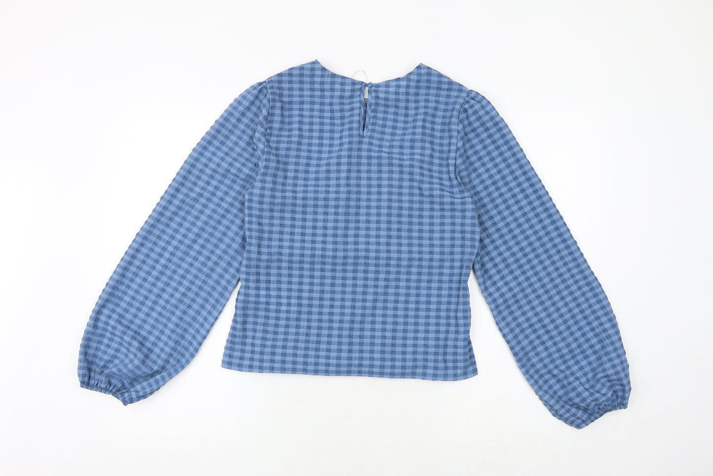 Marks and Spencer Womens Blue Check Polyester Basic Blouse Size 10 Boat Neck - Shirred Waist