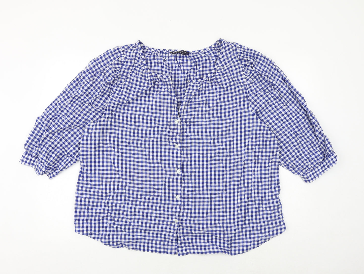 Marks and Spencer Womens Blue Check 100% Cotton Basic Button-Up Size 20 V-Neck