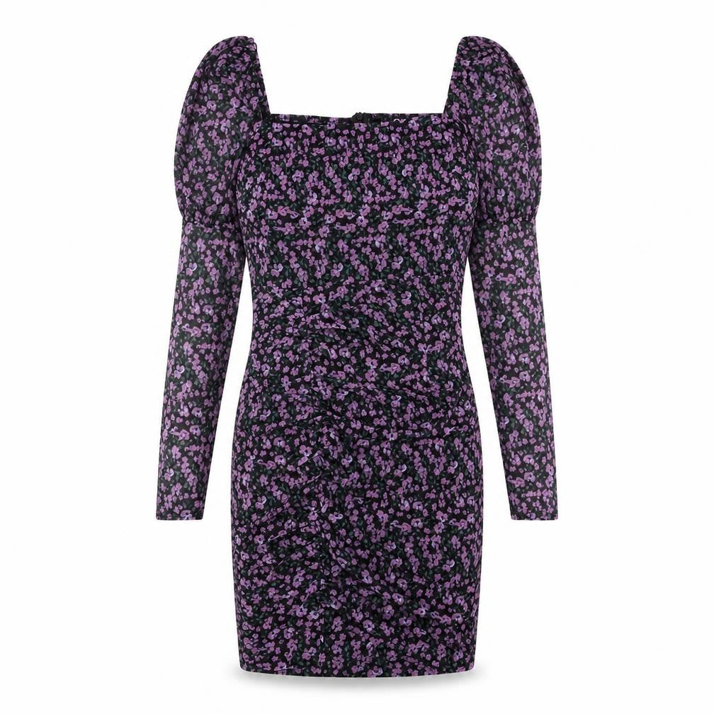 Front view of Quiz women’s purple floral polyester bodycon, size UK 10, square neck zip