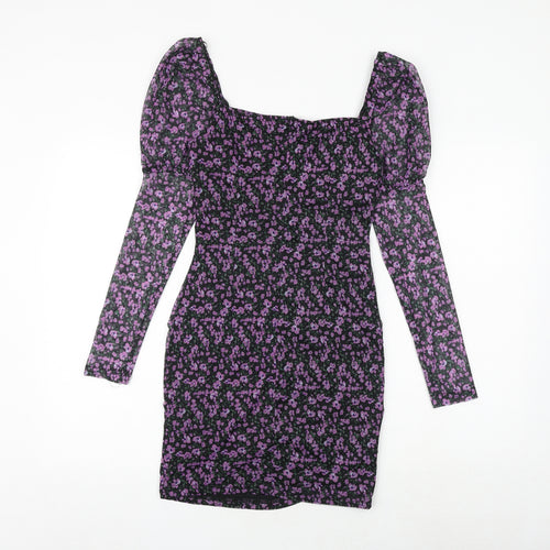 Quiz Womens Purple Floral Polyester Bodycon Size 10 Square Neck Zip