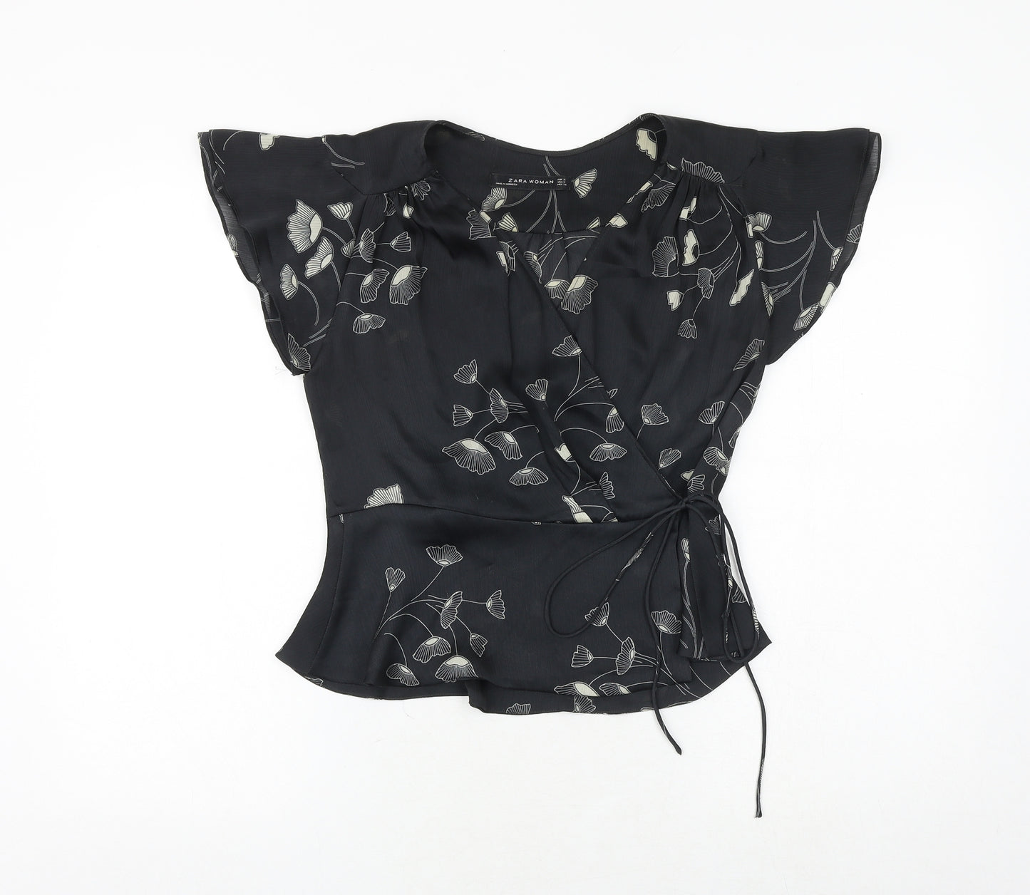 Zara Womens Black Floral Polyester Wrap Blouse Size S V-Neck