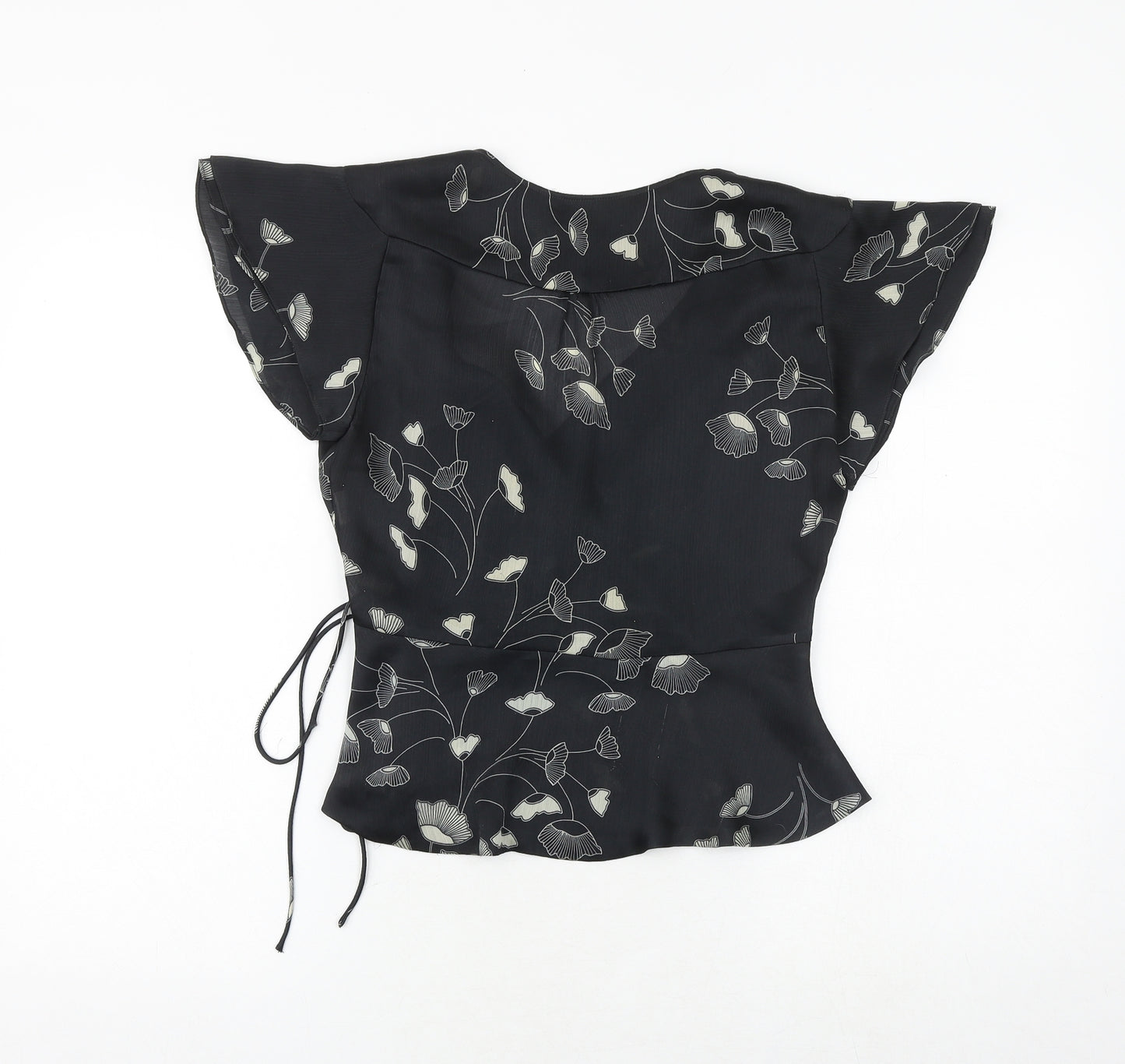 Zara Womens Black Floral Polyester Wrap Blouse Size S V-Neck
