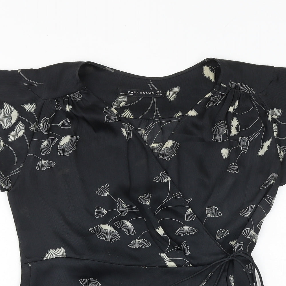 Zara Womens Black Floral Polyester Wrap Blouse Size S V-Neck