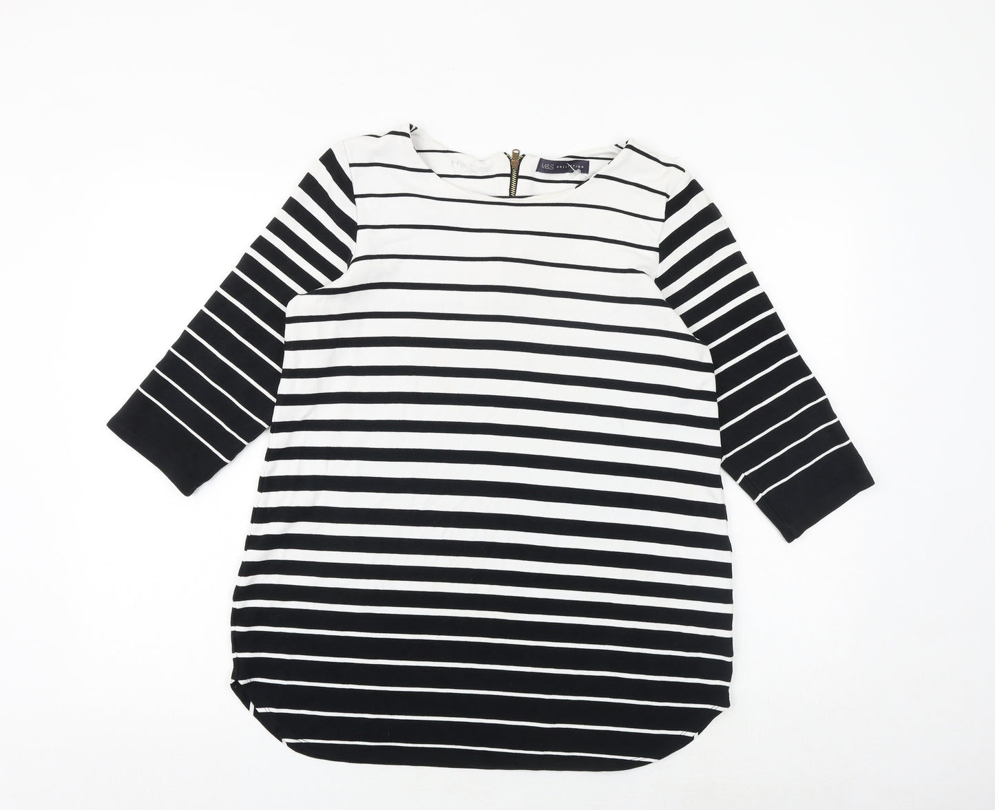 Marks and Spencer Womens Black Striped Viscose Basic Blouse Size 14 Boat Neck