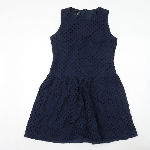 Nine West Womens Blue Geometric Polyester Skater Dress Size 8 Round Neck Zip