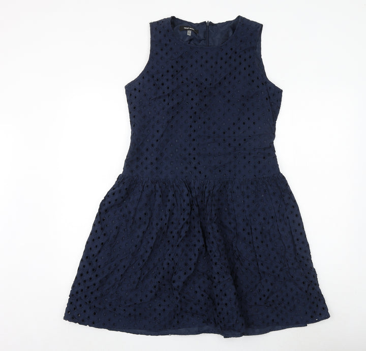 Nine West Womens Blue Geometric Polyester Skater Dress Size 8 Round Neck Zip