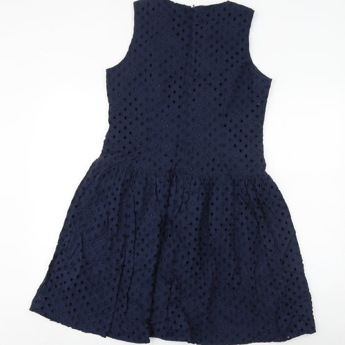 Nine West Womens Blue Geometric Polyester Skater Dress Size 8 Round Neck Zip