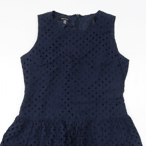 Nine West Womens Blue Geometric Polyester Skater Dress Size 8 Round Neck Zip