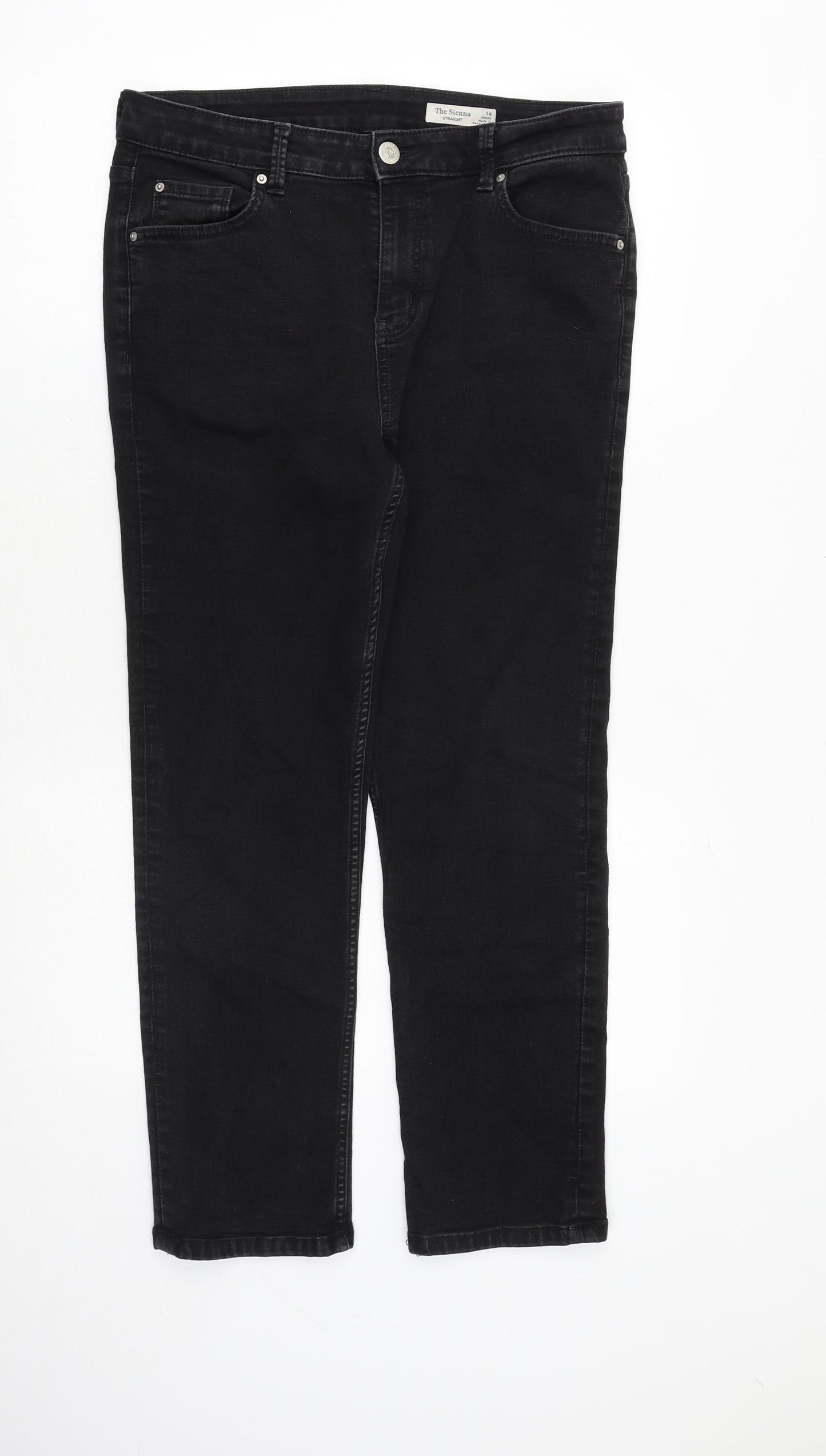 Marks and Spencer Womens Black Cotton Straight Jeans Size 14 Regular Zip - Short Leg