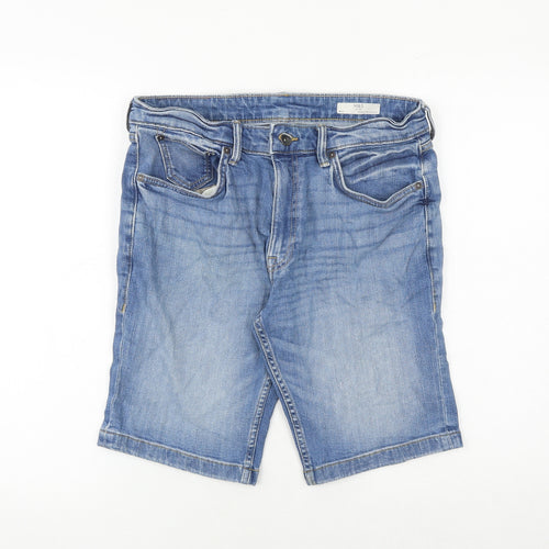 Marks and Spencer Mens Blue Cotton Chino Shorts Size 32 in Regular Zip