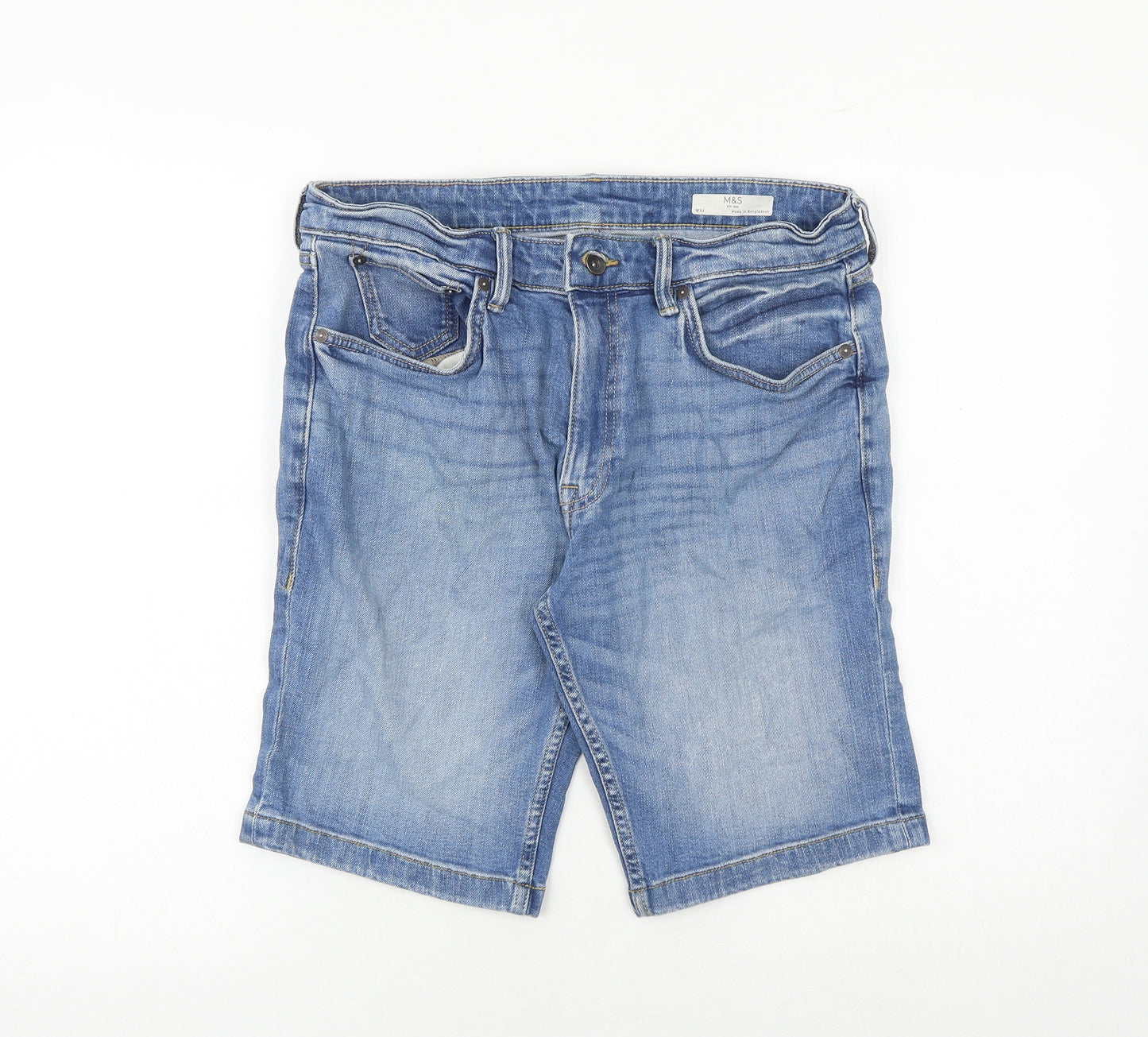 Marks and Spencer Mens Blue Cotton Chino Shorts Size 32 in Regular Zip