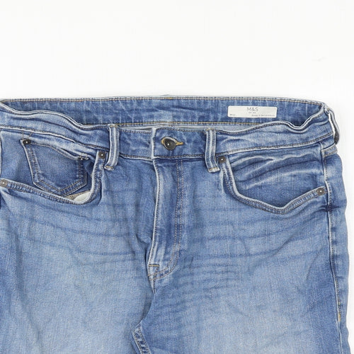 Marks and Spencer Mens Blue Cotton Chino Shorts Size 32 in Regular Zip