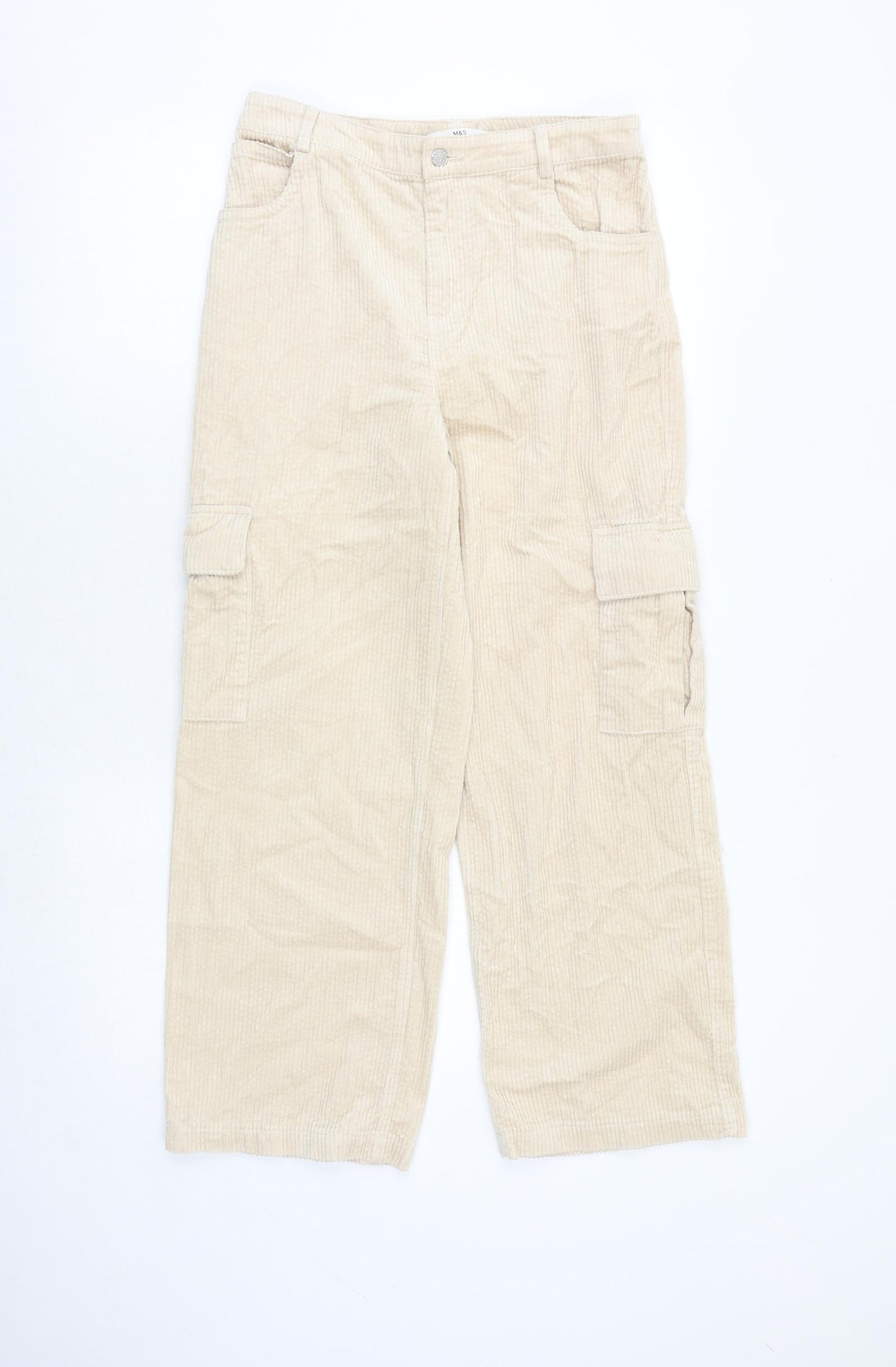 Marks and Spencer Girls Beige 100% Cotton Cargo Trousers Size 12-13 Years Regular Zip