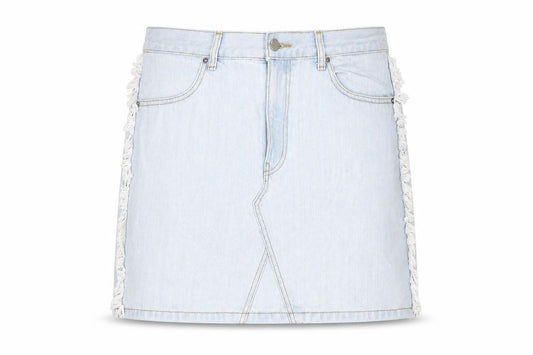 Front view of Dr. Denim women’s blue cotton a-line skirt, size L, zip