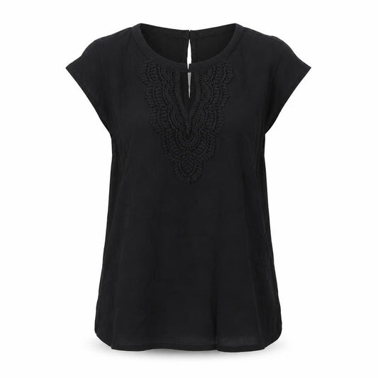 Front view of Daniel Rainn women’s black viscose basic blouse, size S, boat neck - crocheted lace detail