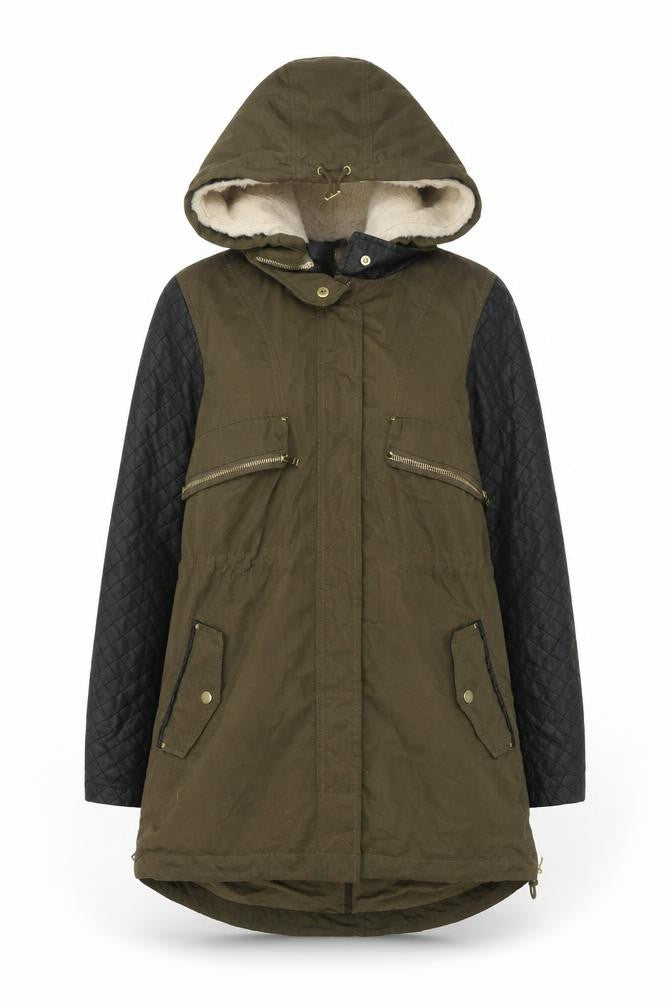 Front view of Zara women’s green parka coat, size XS, zip