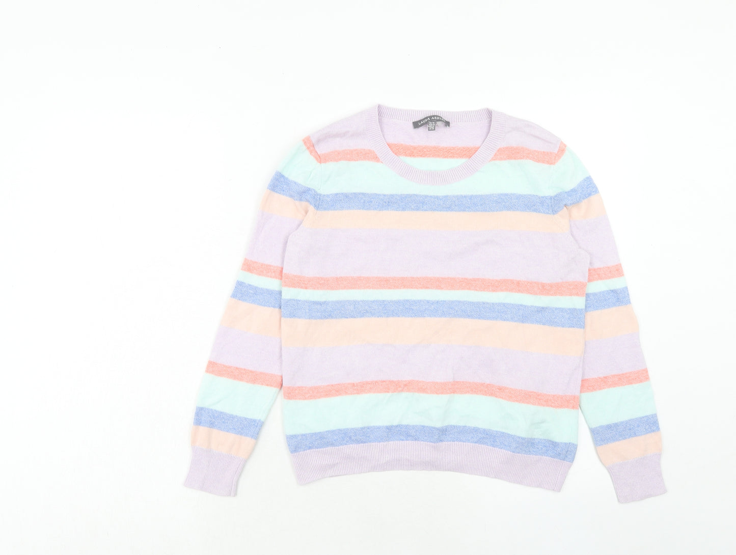 Laura Ashley Womens Multicoloured Round Neck Striped Cotton Pullover Jumper Size 10
