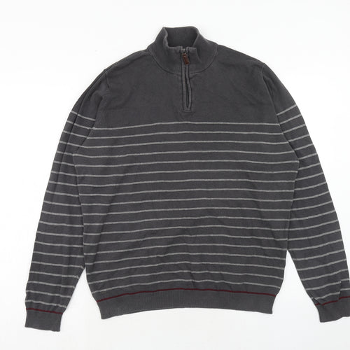 Kensington Mens Grey High Neck Striped Cotton Pullover Jumper Size L Long Sleeve