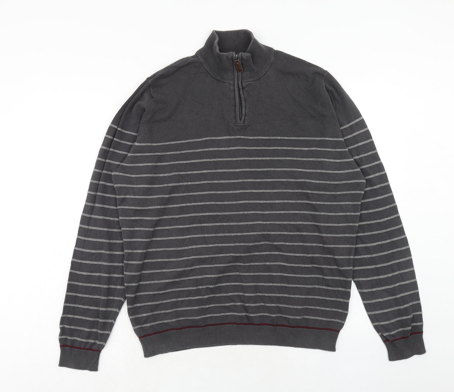 Kensington Mens Grey High Neck Striped Cotton Pullover Jumper Size L Long Sleeve
