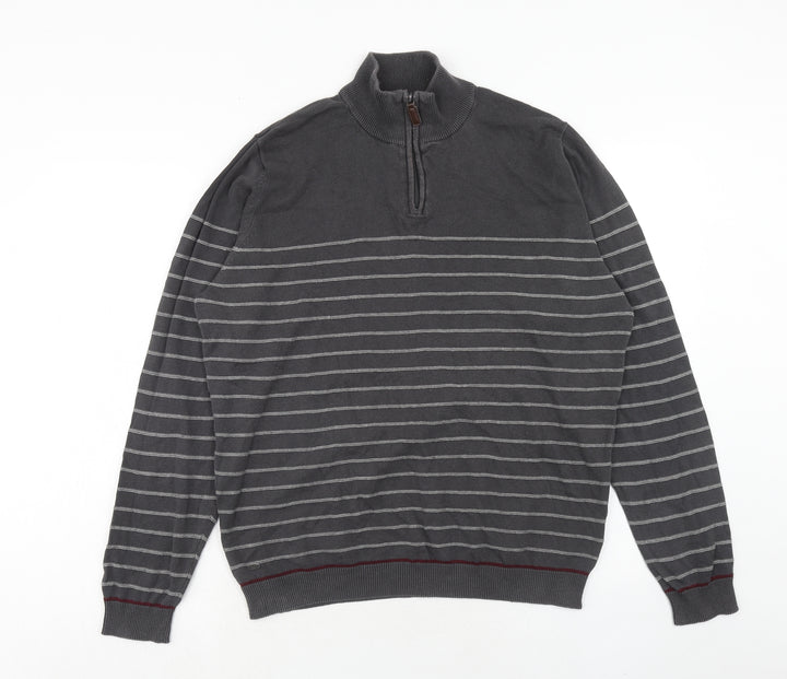 Kensington Mens Grey High Neck Striped Cotton Pullover Jumper Size L Long Sleeve