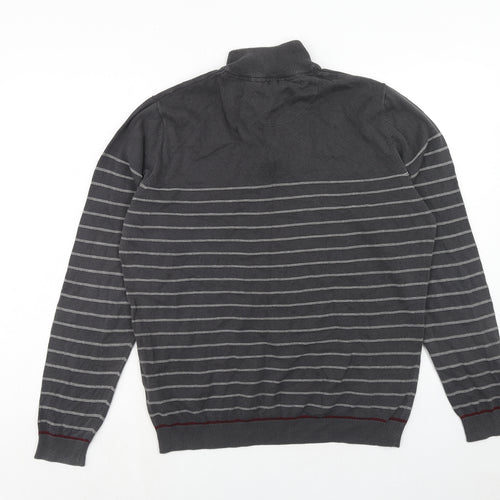 Kensington Mens Grey High Neck Striped Cotton Pullover Jumper Size L Long Sleeve