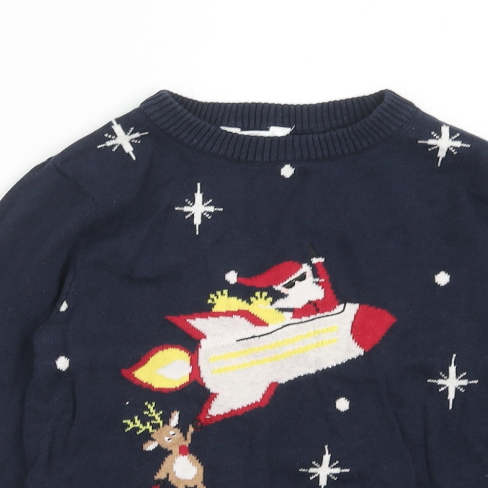 M&Co Boys Blue Round Neck Cotton Pullover Jumper Size 5-6 Years Pullover - Santa Claus Rocket Christmas