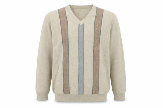 Front view of Hero men’s beige v-neck cotton jumper, size L, long sleeve