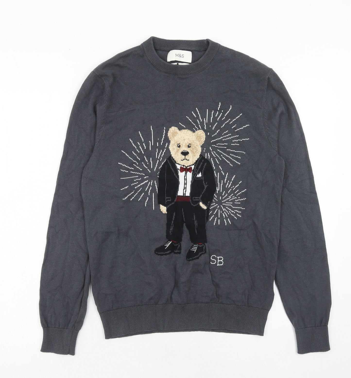 Marks and Spencer Mens Grey Round Neck Cotton Pullover Jumper Size S Long Sleeve - Bear