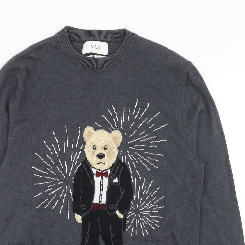 Marks and Spencer Mens Grey Round Neck Cotton Pullover Jumper Size S Long Sleeve - Bear