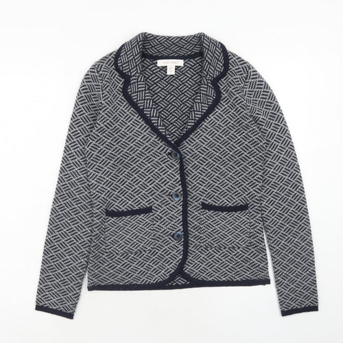 Ellen Tracy Womens Blue Collared Geometric Acrylic Cardigan Jumper Size S