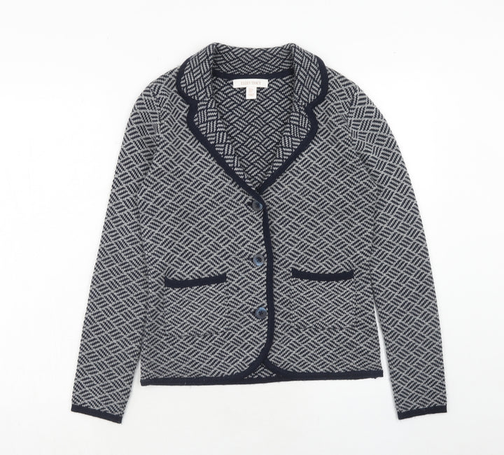 Ellen Tracy Womens Blue Collared Geometric Acrylic Cardigan Jumper Size S