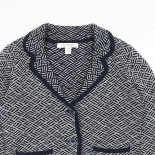 Ellen Tracy Womens Blue Collared Geometric Acrylic Cardigan Jumper Size S