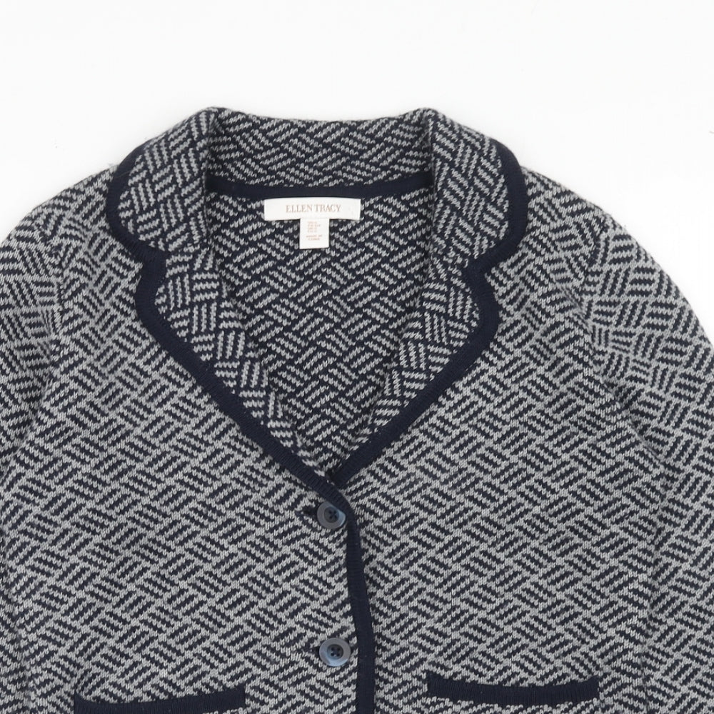 Ellen Tracy Womens Blue Collared Geometric Acrylic Cardigan Jumper Size S