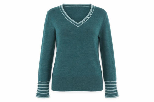 Front view of Autonomy women’s blue v-neck acrylic jumper, size UK 10