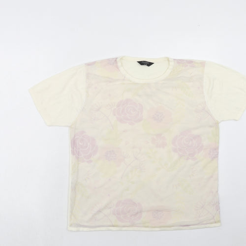 Classic Womens Ivory Round Neck Floral Acrylic Pullover Jumper Size L - Size L-XL