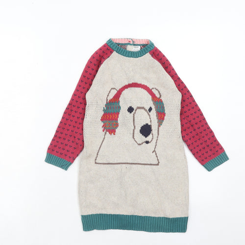 mamas & papas Girls Multicoloured Geometric Cotton Jumper Dress Size 4-5 Years Round Neck Button - Polar Bear