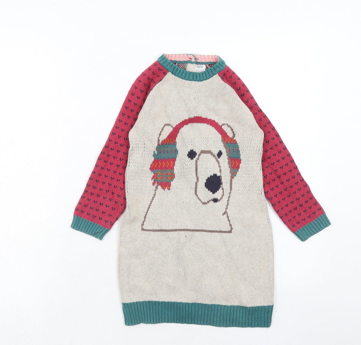 mamas & papas Girls Multicoloured Geometric Cotton Jumper Dress Size 4-5 Years Round Neck Button - Polar Bear