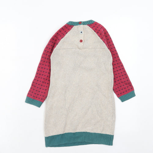 mamas & papas Girls Multicoloured Geometric Cotton Jumper Dress Size 4-5 Years Round Neck Button - Polar Bear