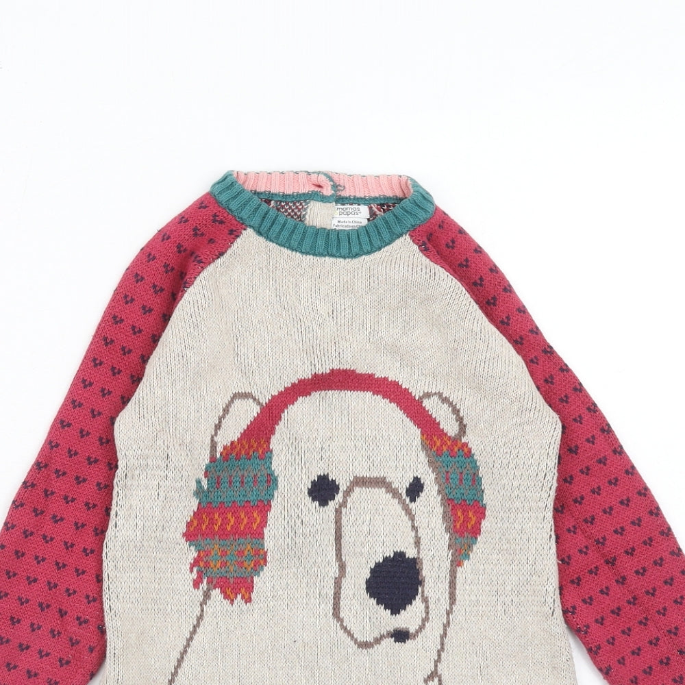 mamas & papas Girls Multicoloured Geometric Cotton Jumper Dress Size 4-5 Years Round Neck Button - Polar Bear