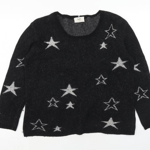 Hush Womens Black Round Neck Geometric Cashmere Pullover Jumper Size M - Star Pattern