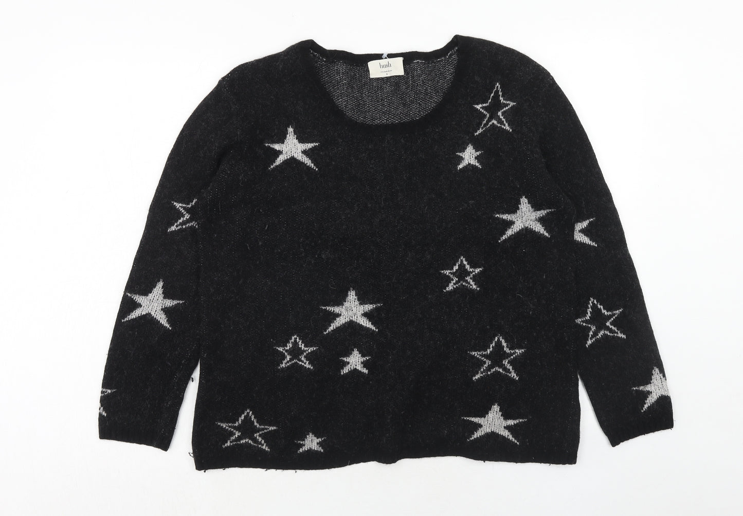 Hush Womens Black Round Neck Geometric Cashmere Pullover Jumper Size M - Star Pattern