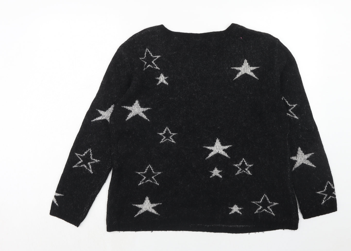 Hush Womens Black Round Neck Geometric Cashmere Pullover Jumper Size M - Star Pattern