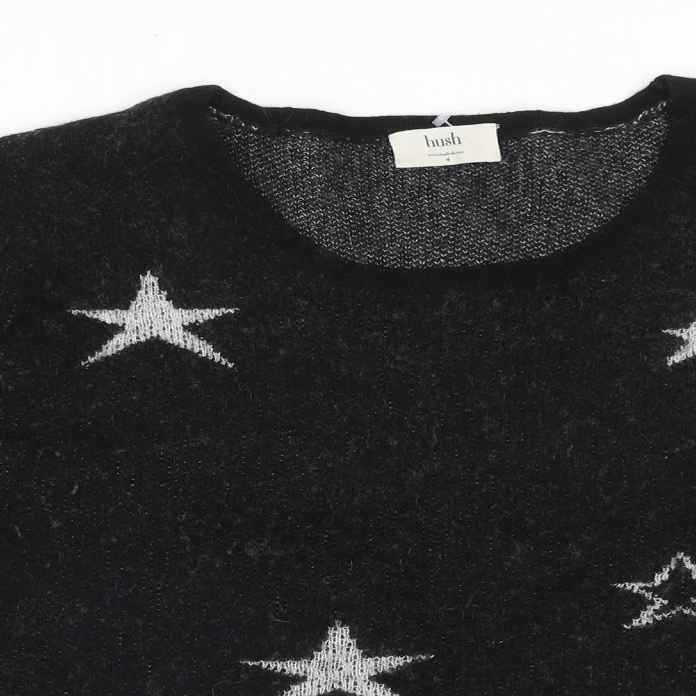 Hush Womens Black Round Neck Geometric Cashmere Pullover Jumper Size M - Star Pattern