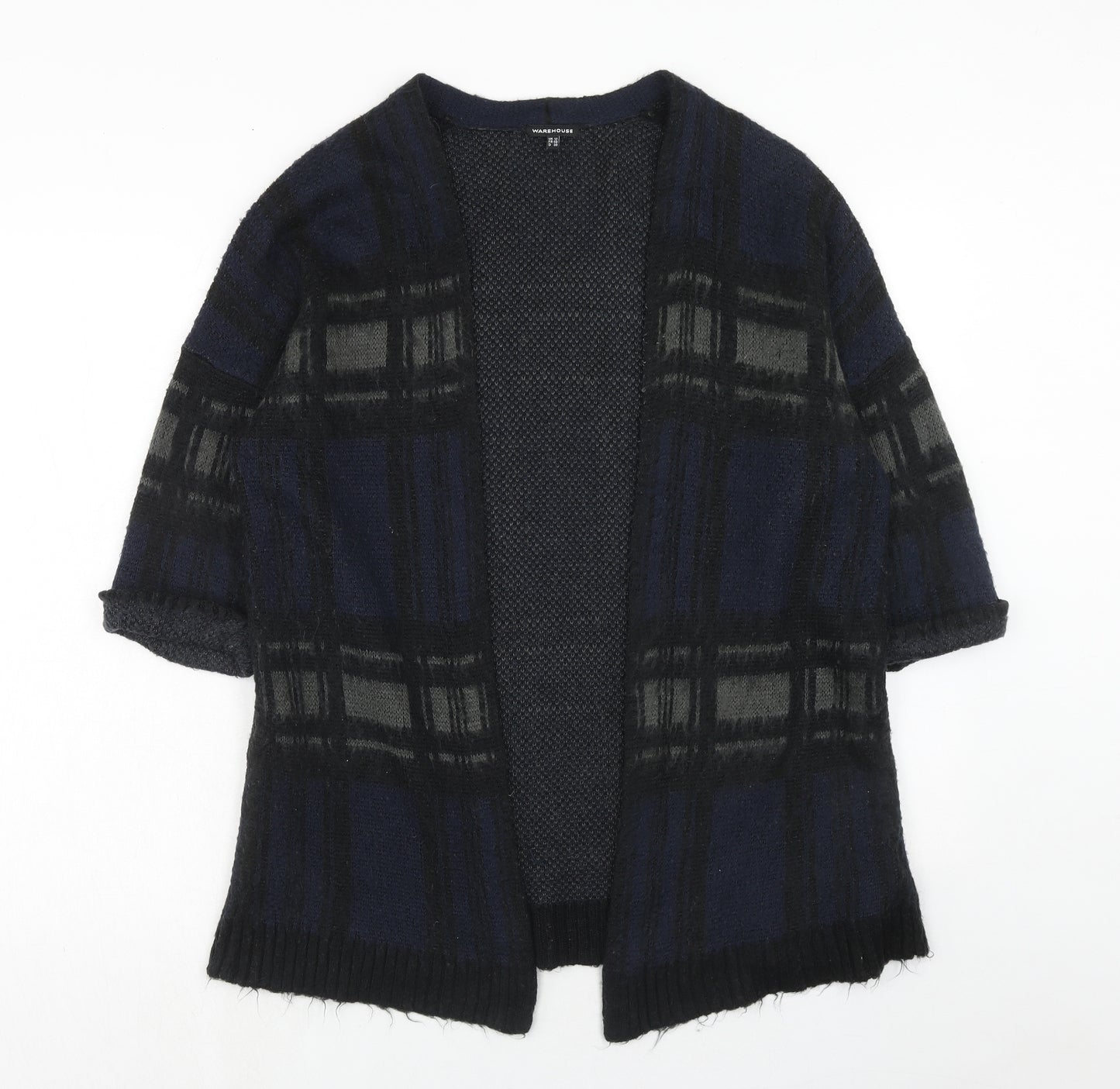 Warehouse Womens Blue V-Neck Plaid Acrylic Cardigan Jumper Size 12
