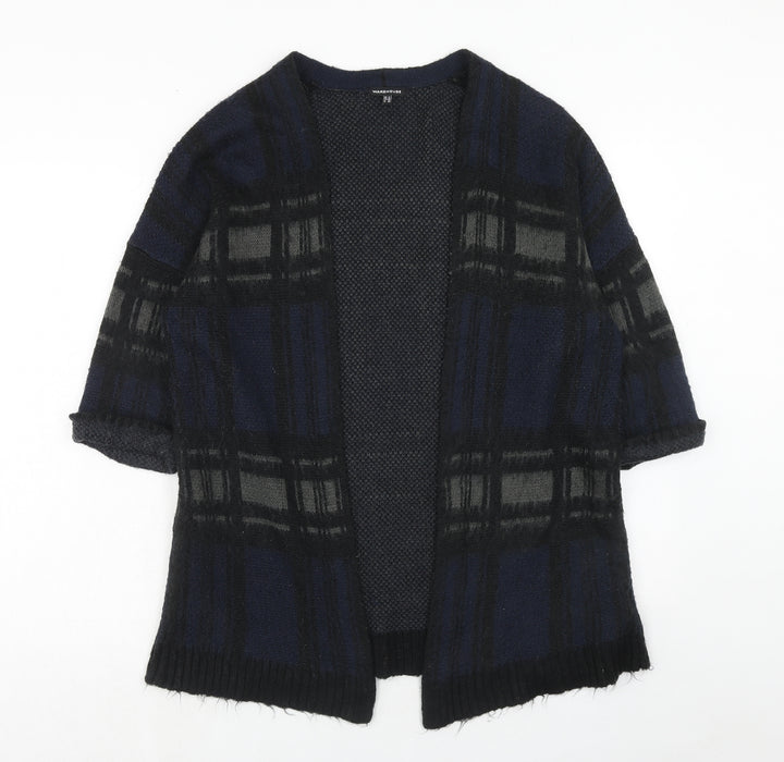 Warehouse Womens Blue V-Neck Plaid Acrylic Cardigan Jumper Size 12