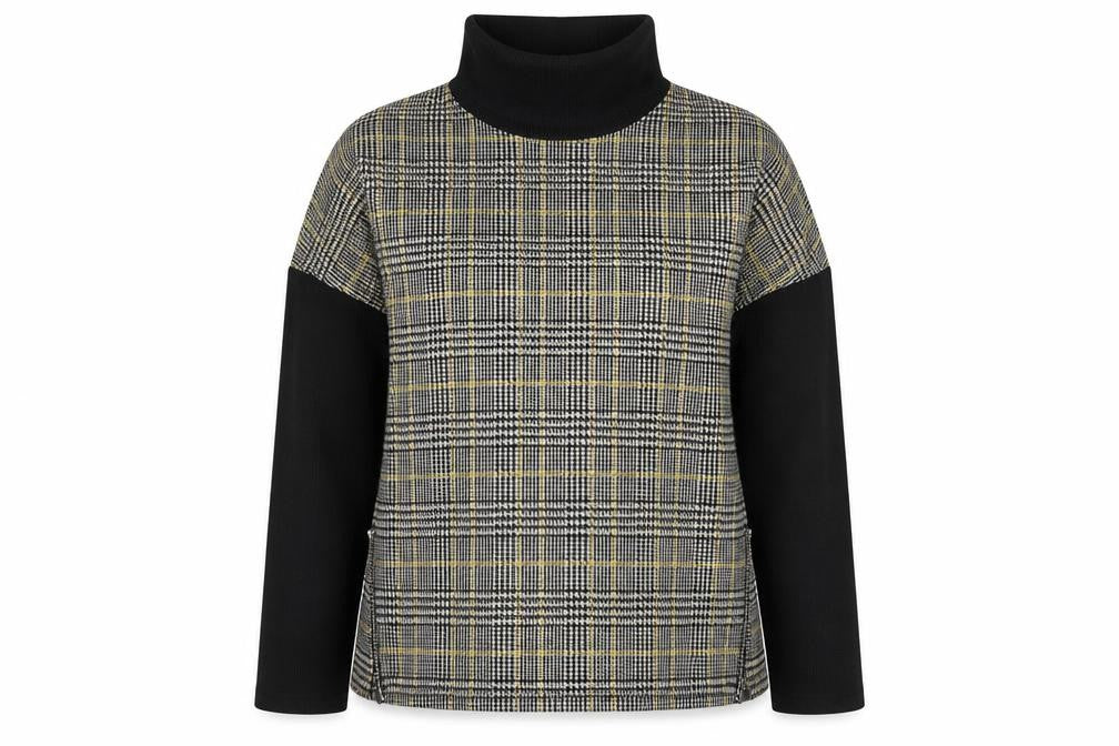 Front view of River Island women’s black plaid polyester basic blouse, size UK 12, roll neck